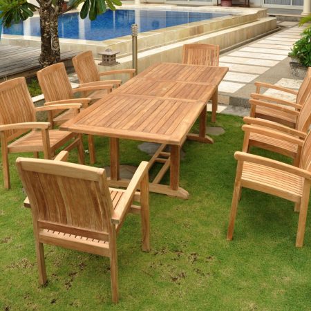 Set meja dan 8 kursi kayu solid untuk outdoor – furniture taman tahan cuaca