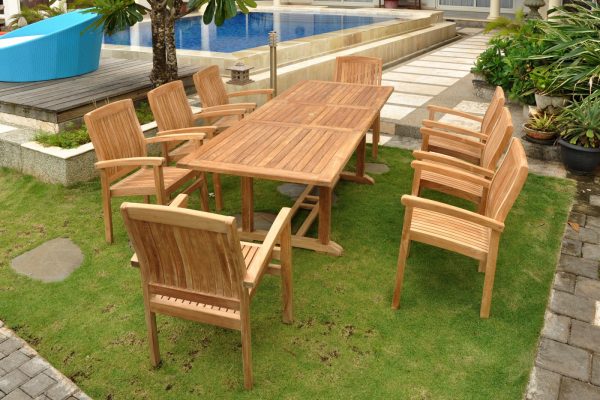 Set meja dan 8 kursi kayu solid untuk outdoor – furniture taman tahan cuaca