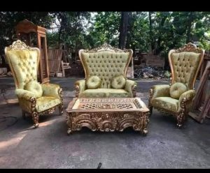 Set Kursi Tamu Ukiran Jepara Emas dengan Sofa dan Kursi Single