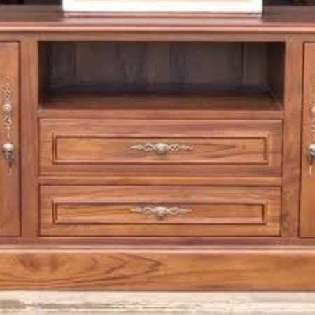 Bufet TV kayu jati minimalis dengan 2 pintu, 2 laci, dan rak terbuka desain elegan